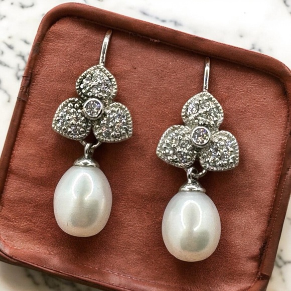 Esposito Jewelry - Esposito Diamonique Sterling Silver Cultured Pearl Earrings Dangle CZ Flower